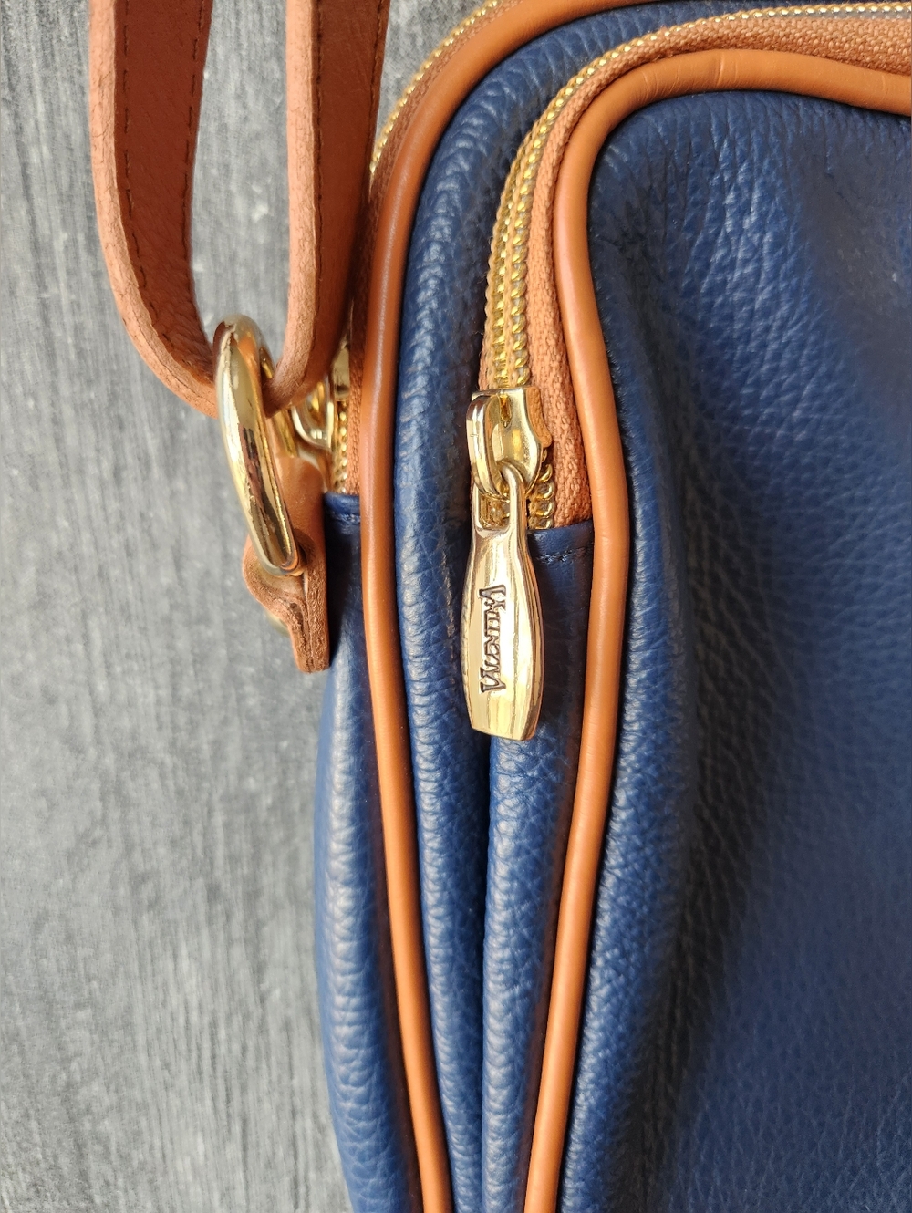 Valentina Genuine Leather Crossbody Handbag Purse Dark Blue Brown Made In Italy - Picture 3 of 13